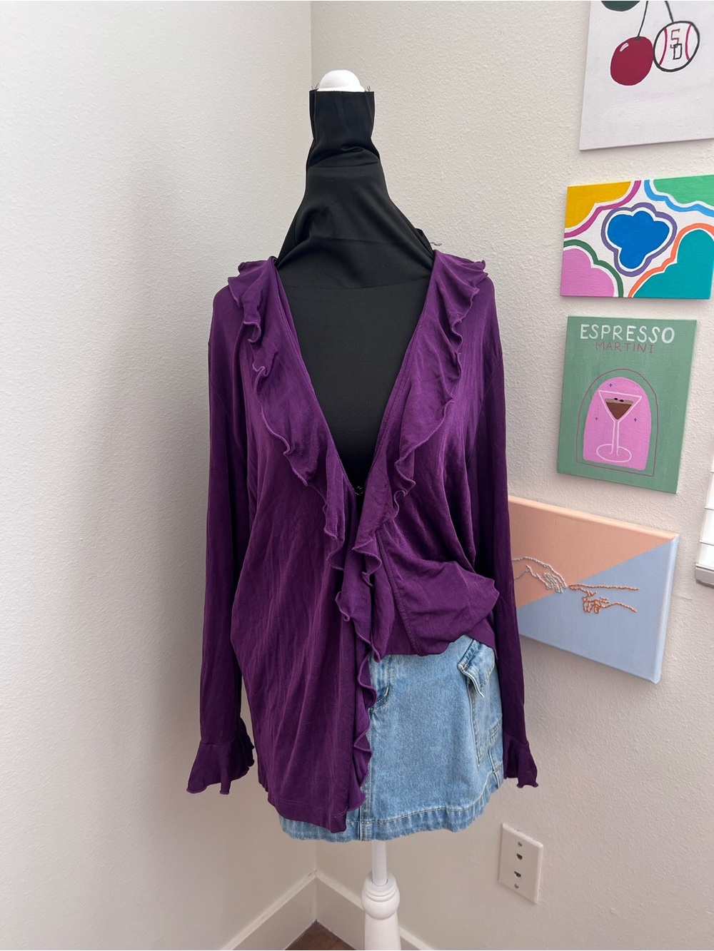 Y2K Slinky Brand Purple Ruffle Cardigan – Draped Waterfall Front Fairy Grunge